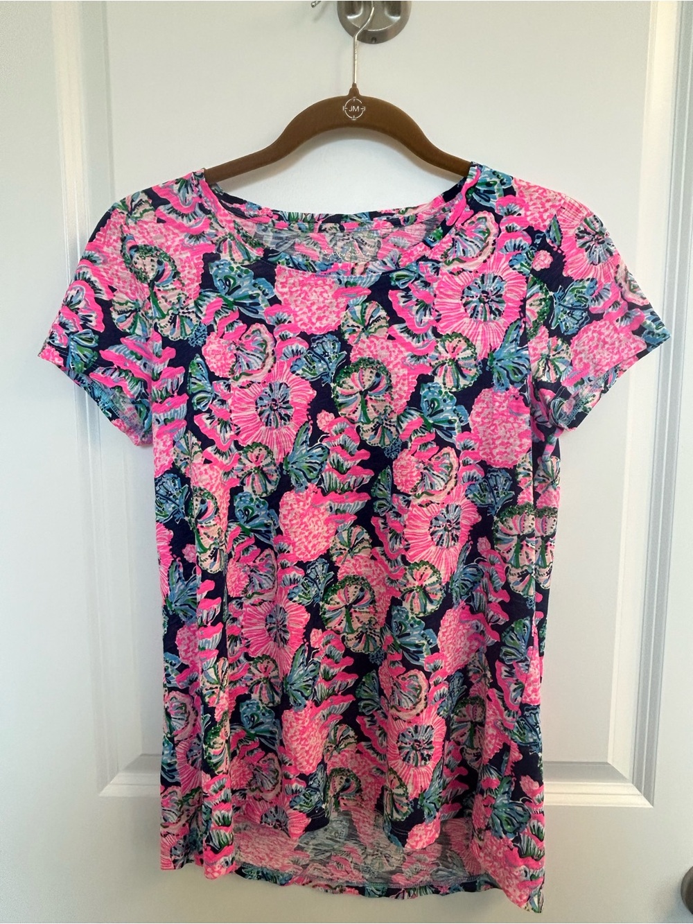 Lilly Pulitzer Pink Navy Floral Short Sleeve Tee Top